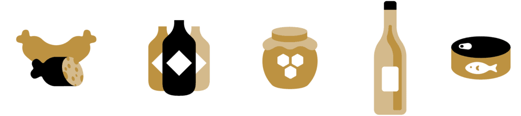 Illustration représentant de la nourriture et des boissons alignés.